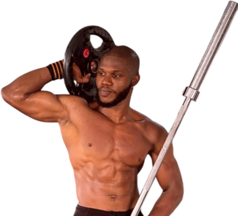 Savfol athlete holding a weight plate on his shoulder and a barbell upright